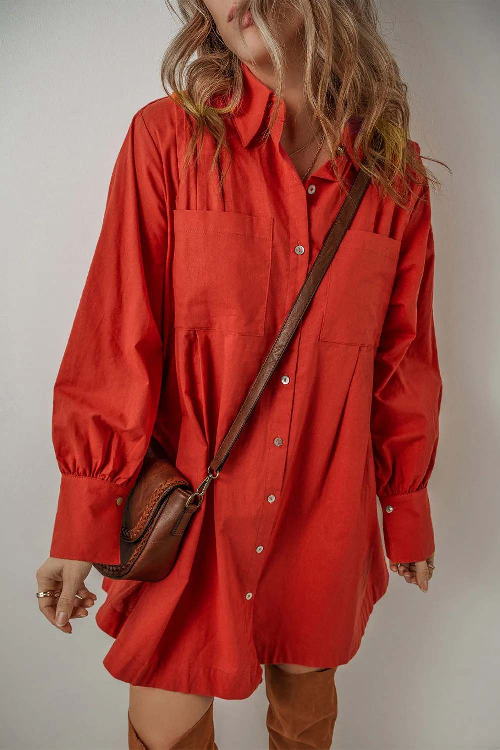 Womens Tomato Red Bishop Sleeve Button Up Pleated Mini Shirt Dress