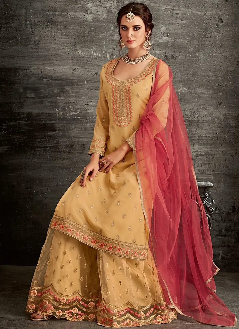 Yellow And Red Ethnic Embroidered Palazzo Suit