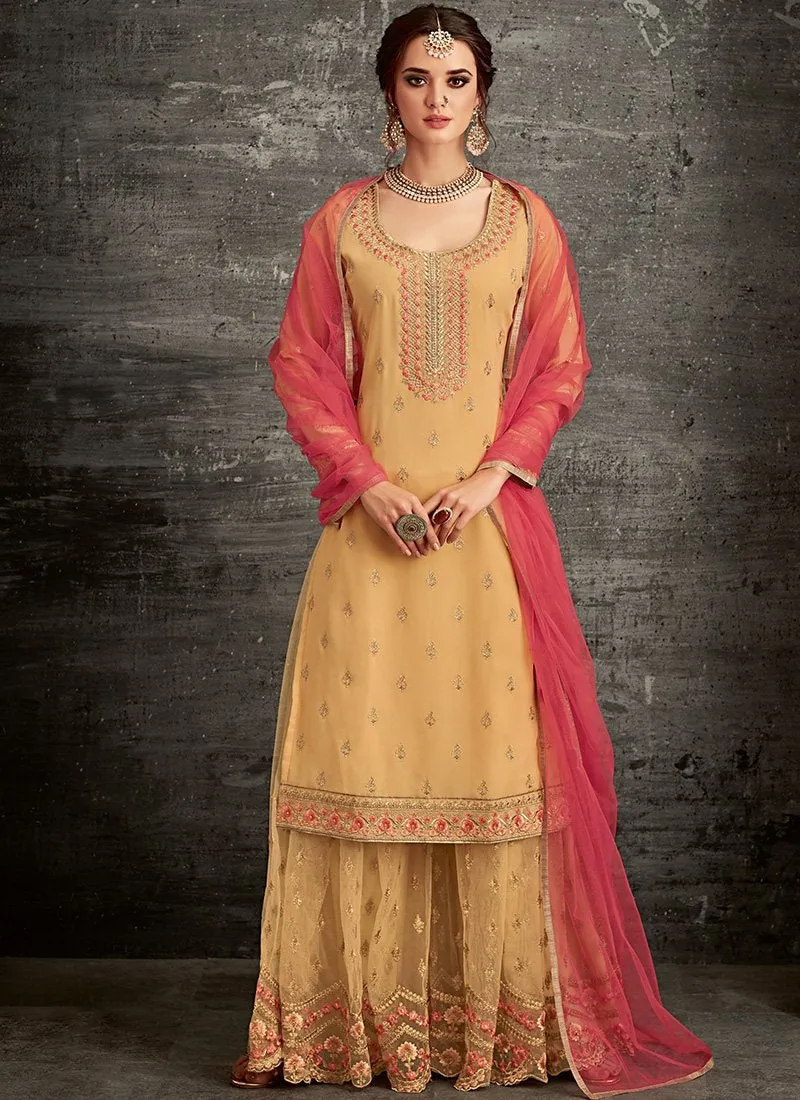 Yellow And Red Ethnic Embroidered Palazzo Suit