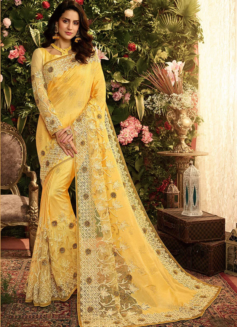 Yellow Golden Designer Saree With Blouse