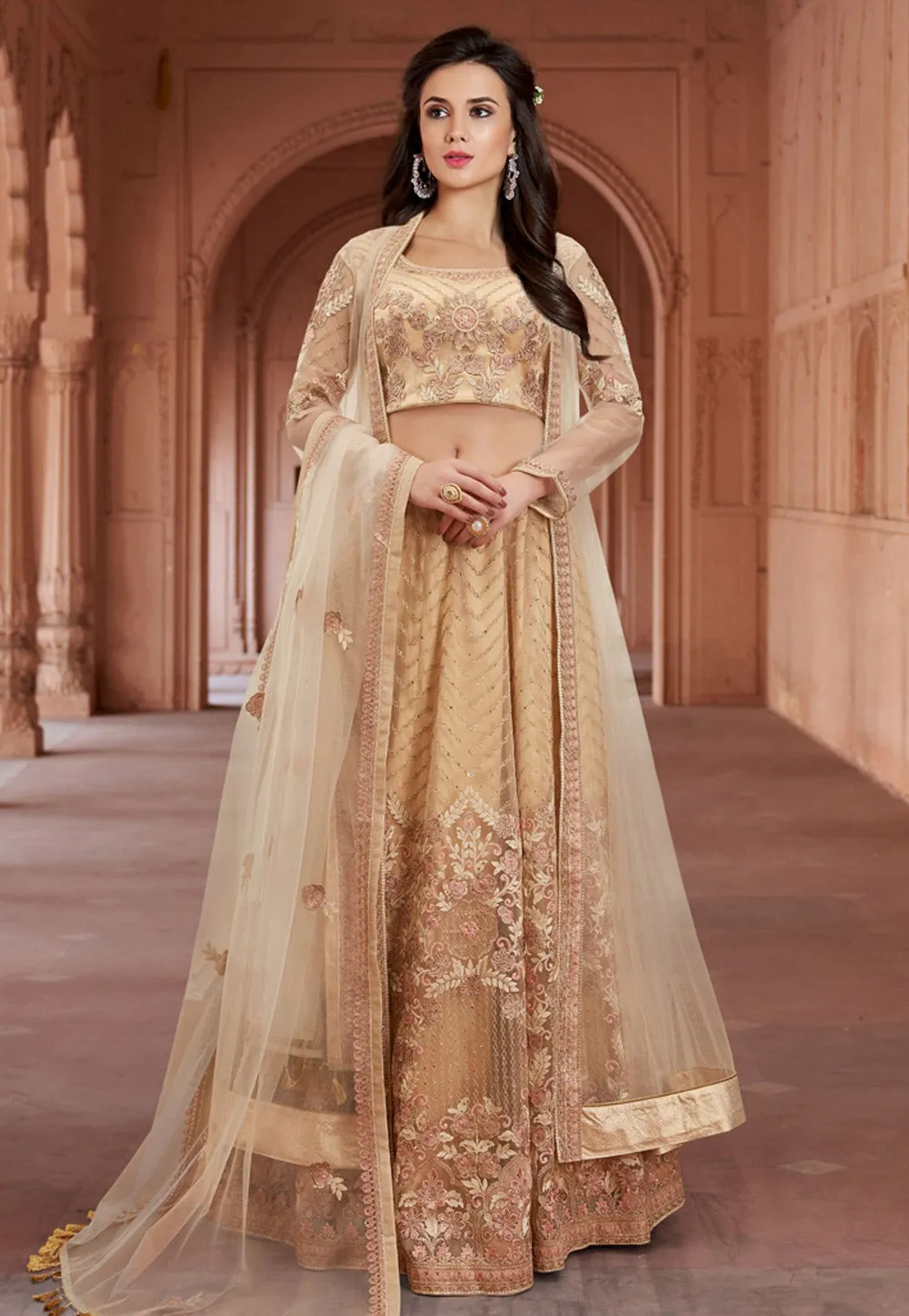 Yellow Golden Embroidered Net Lehenga Choli Set